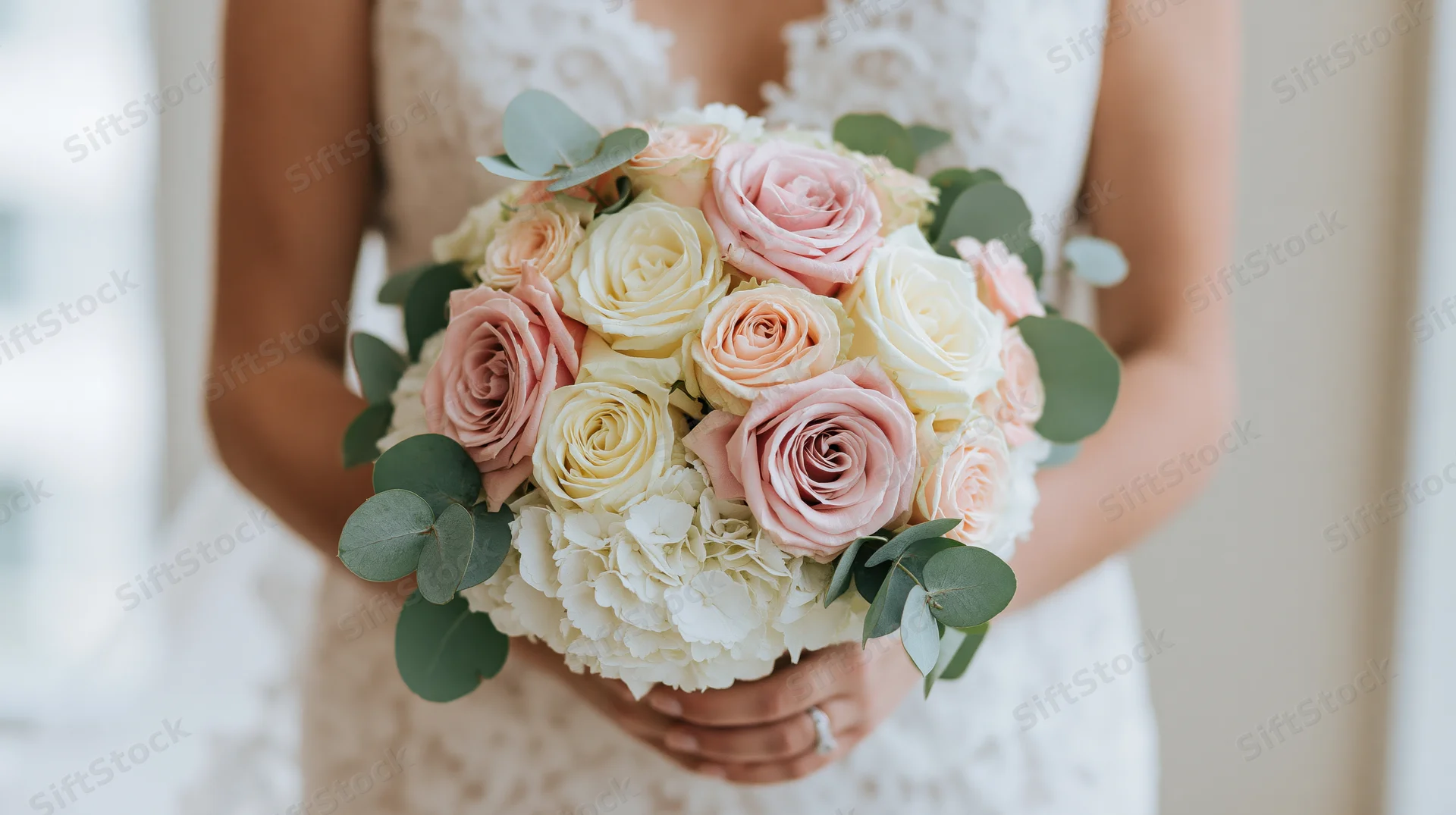 Bride holding a bouquet of blush pink and cream roses with eucalyptus and hydrangea in a lace wedding dress