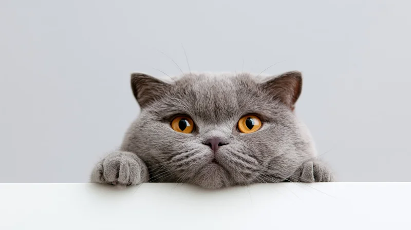 Britishshorthair cat peeking over white surface with paws and orange eyes visible