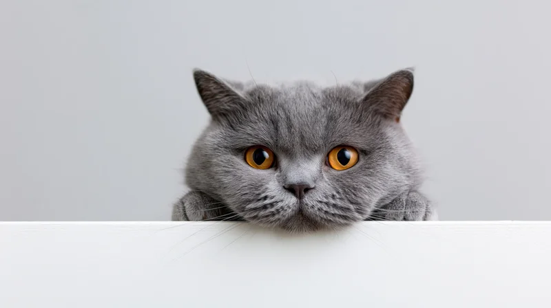 Britishshorthair cat peeking over white surface with orange eyes and gray fur