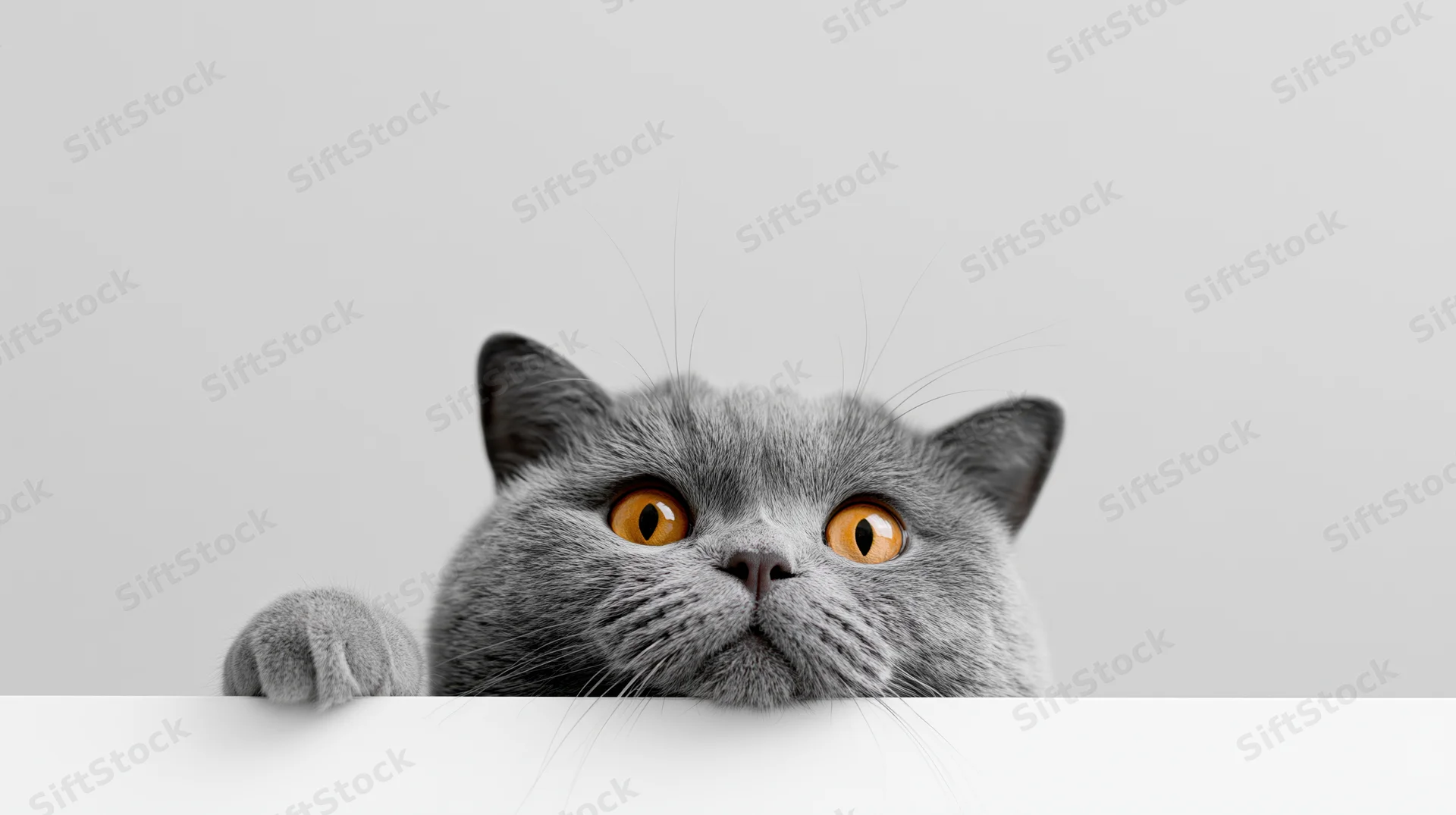 Britishshorthair cat peeking over white surface with paw and orange eyes visible