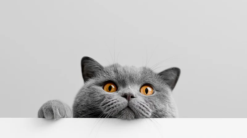 Britishshorthair cat peeking over white surface with paw and orange eyes visible