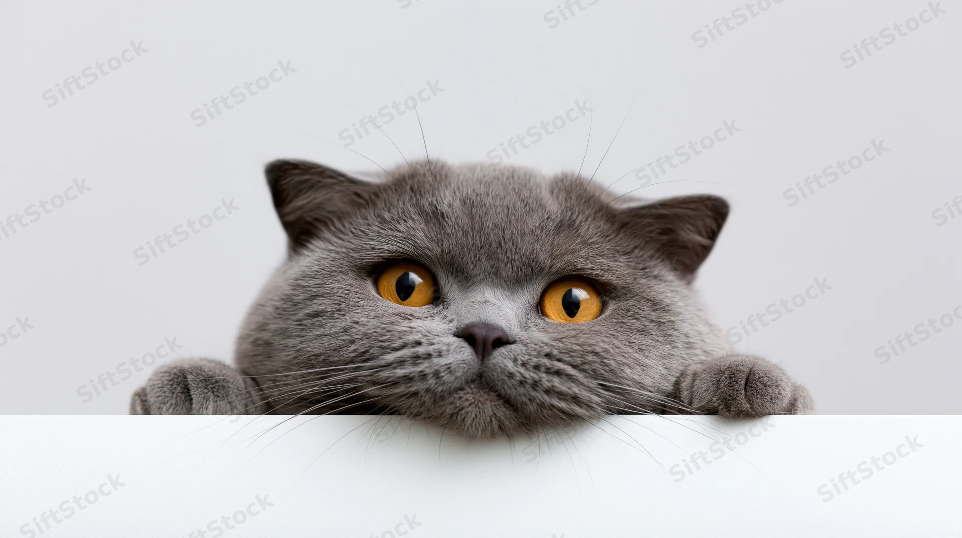Britishshorthair cat peeking over white surface with paws and orange eyes visible