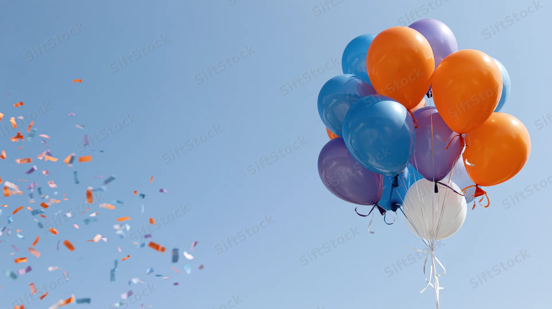 Cluster of orange blue purple and white helium balloons floating in clear blue sky with confetti drifting nearby