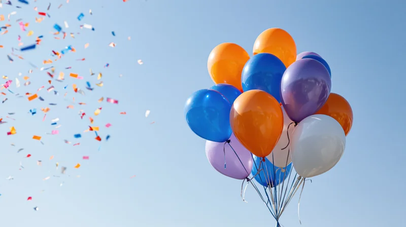 Cluster of orange blue purple and white helium balloons floating in sky with confetti falling nearby