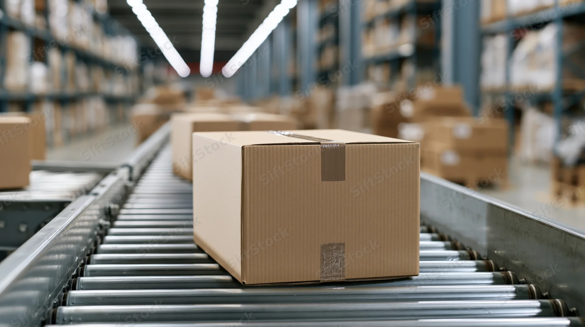 Cardboard box moving along metal roller conveyor in warehouse