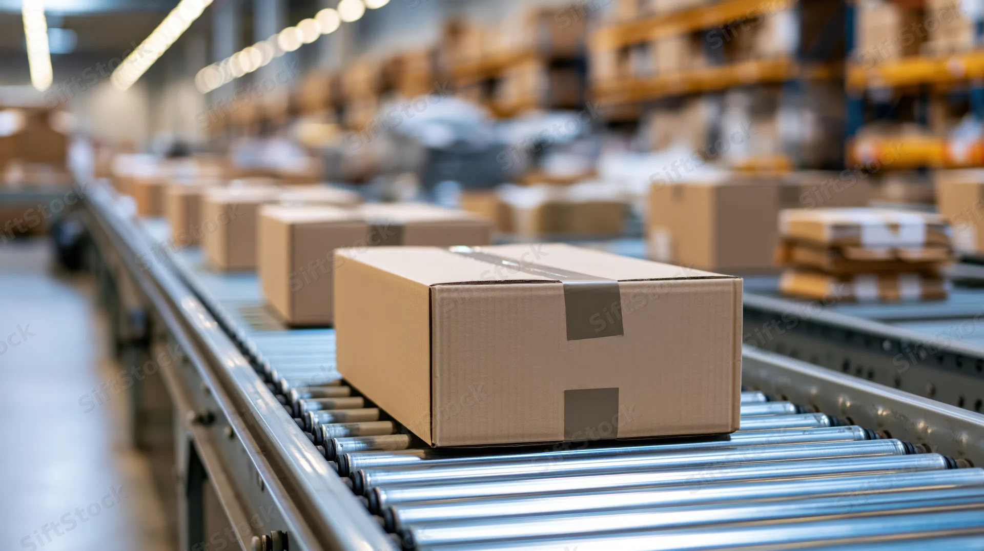 Cardboard boxes moving along metal roller conveyor belt in warehouse