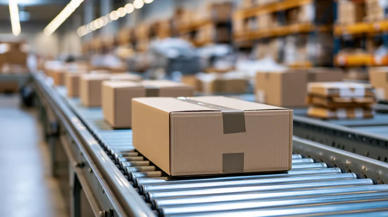 Cardboard boxes moving along metal roller conveyor belt in warehouse