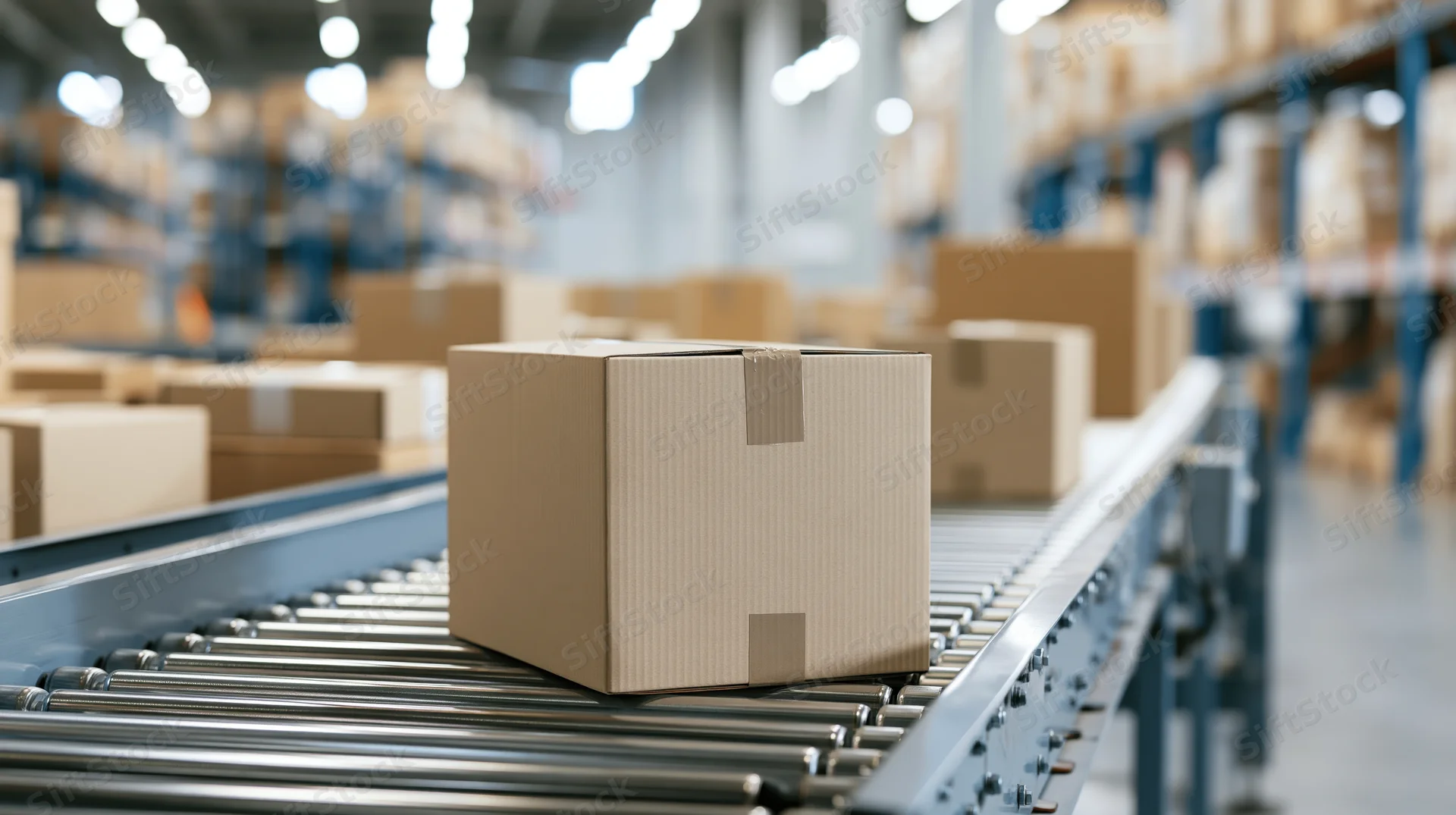 Cardboard box moving on metal roller conveyor in warehouse