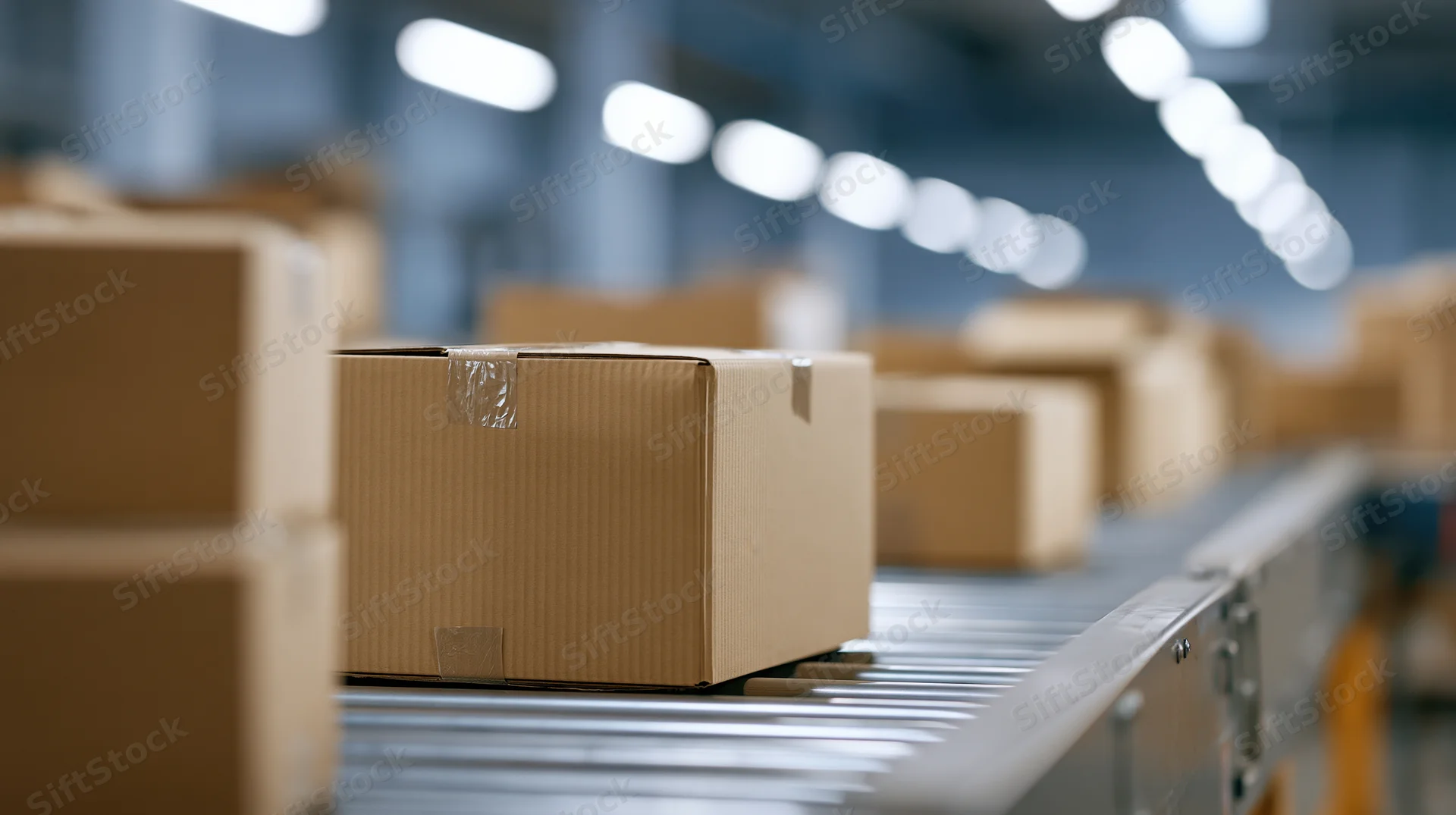 Cardboard boxes moving along a metal conveyor belt in a warehouse