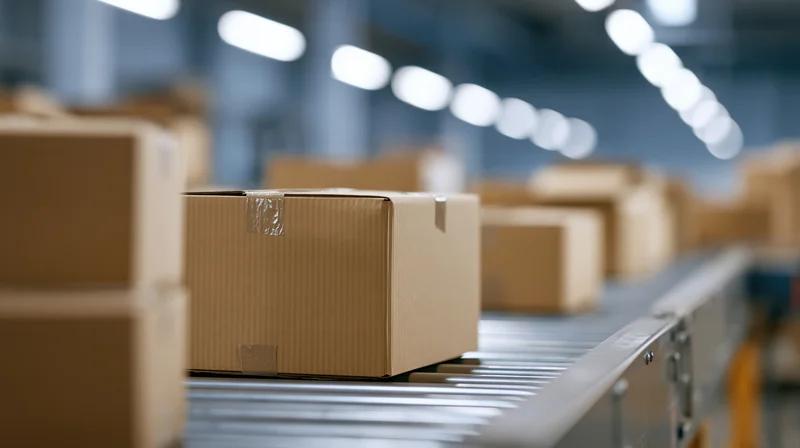 Cardboard boxes moving along a metal conveyor belt in a warehouse