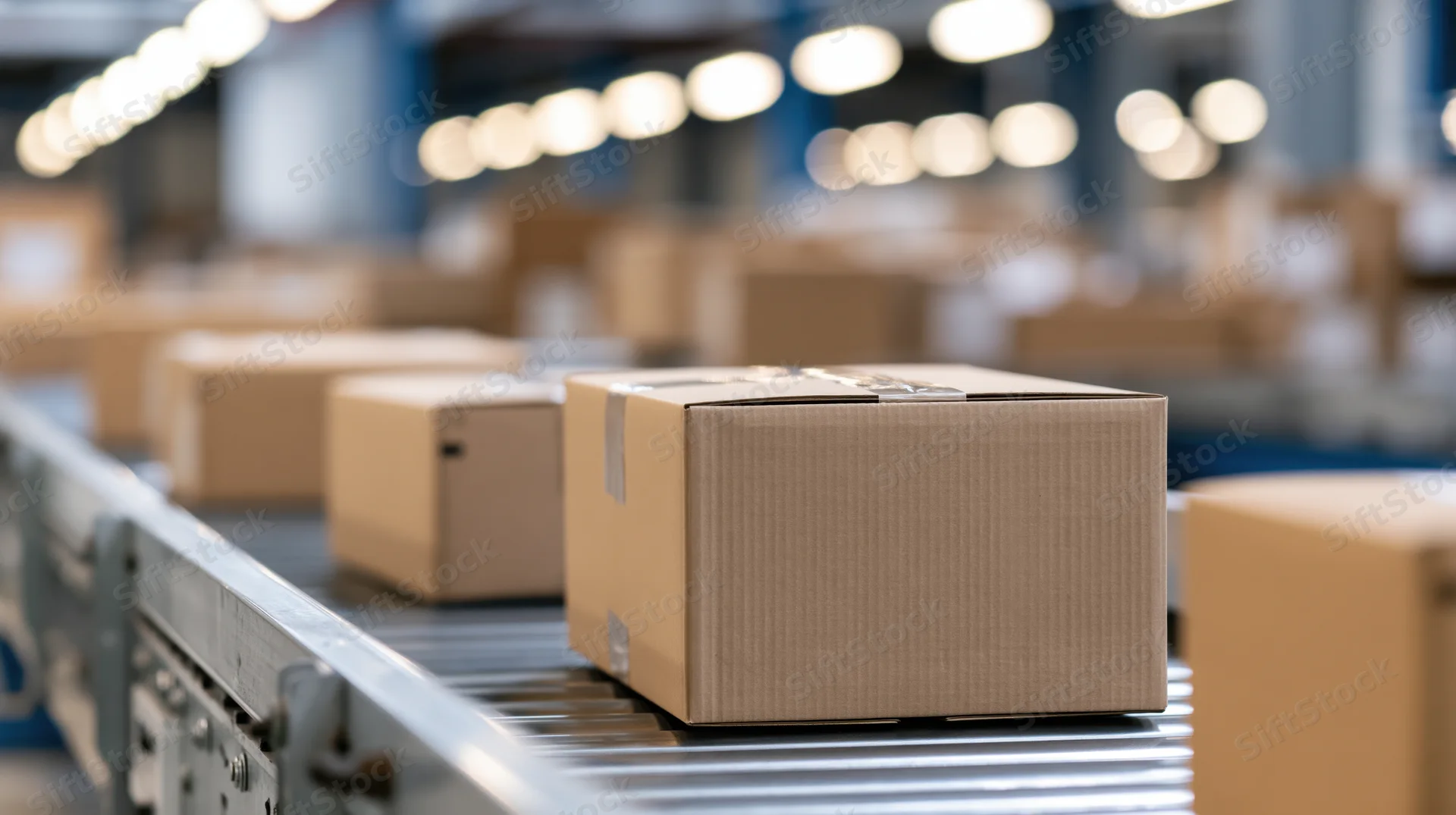 Cardboard boxes moving along a metal conveyor belt in a warehouse