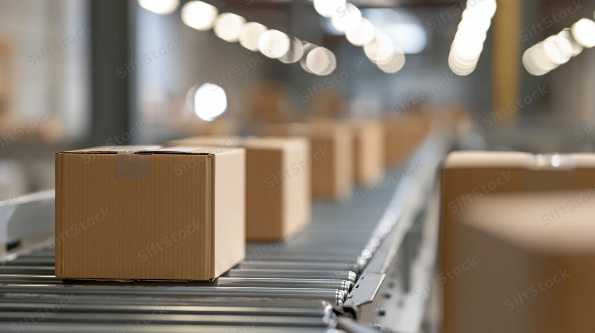 Cardboard boxes moving along a metal roller conveyor in a warehouse