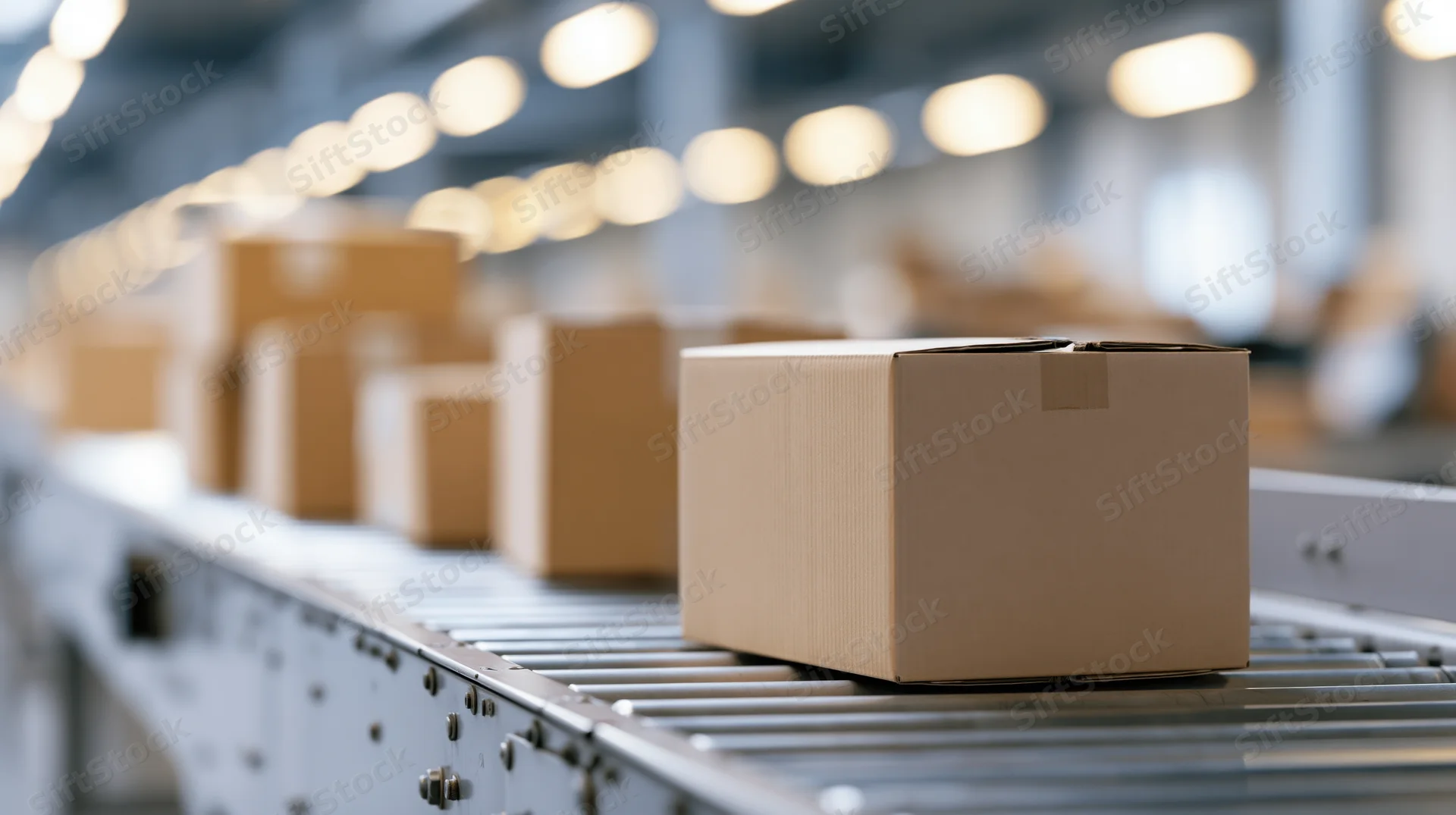 Cardboard boxes moving along a metal roller conveyor in a warehouse