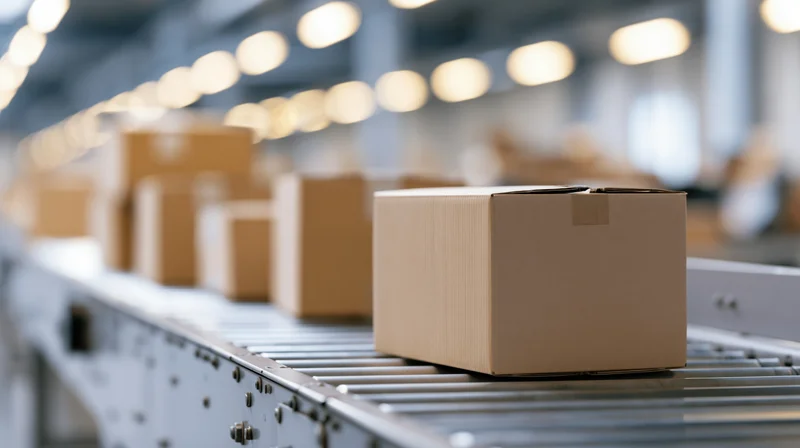 Cardboard boxes moving along a metal roller conveyor in a warehouse