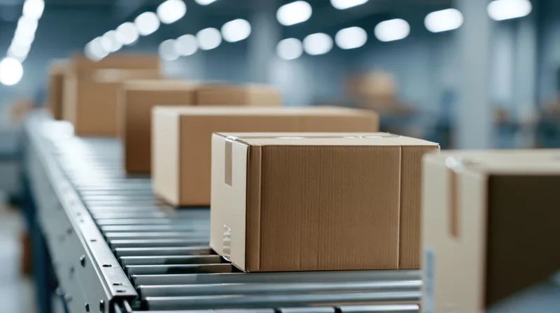 Cardboard boxes moving along a metal roller conveyor in a warehouse