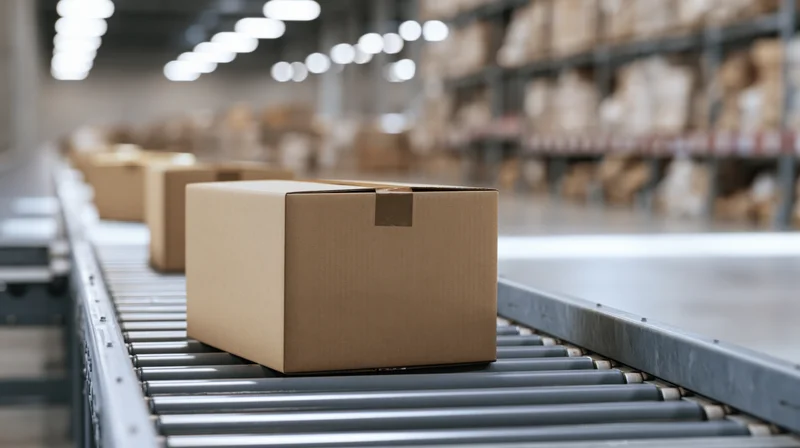 Cardboard box moving along metal roller conveyor in warehouse