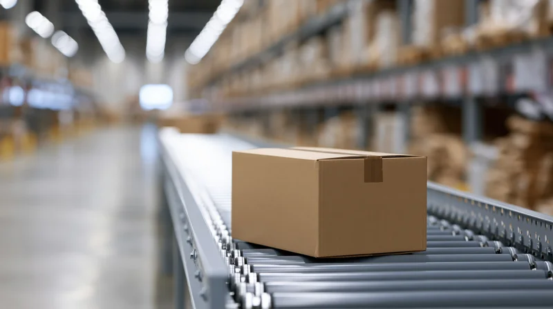 Cardboard box moving along metal roller conveyor in warehouse