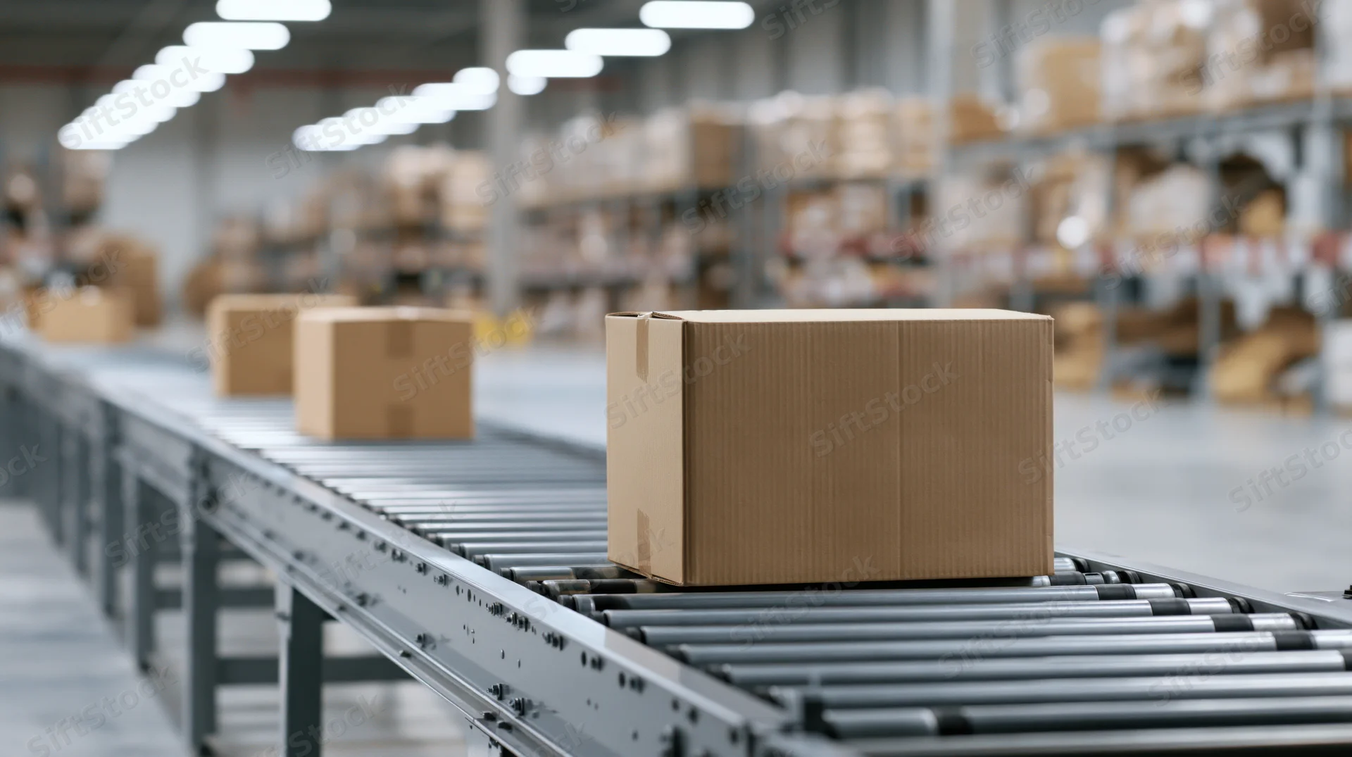 Cardboard boxes moving along a metal roller conveyor in a warehouse