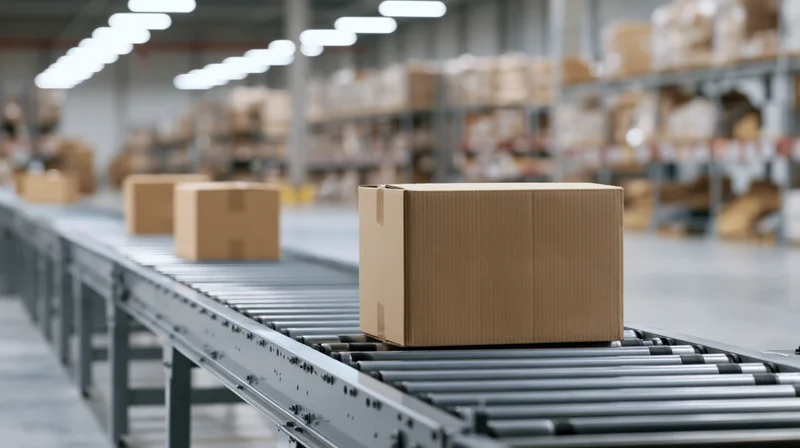 Cardboard boxes moving along a metal roller conveyor in a warehouse