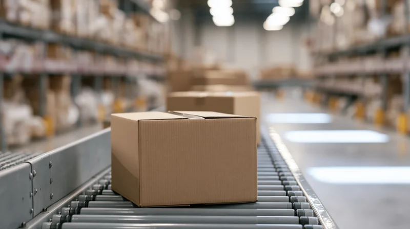 Cardboard boxes moving along a metal roller conveyor in a warehouse