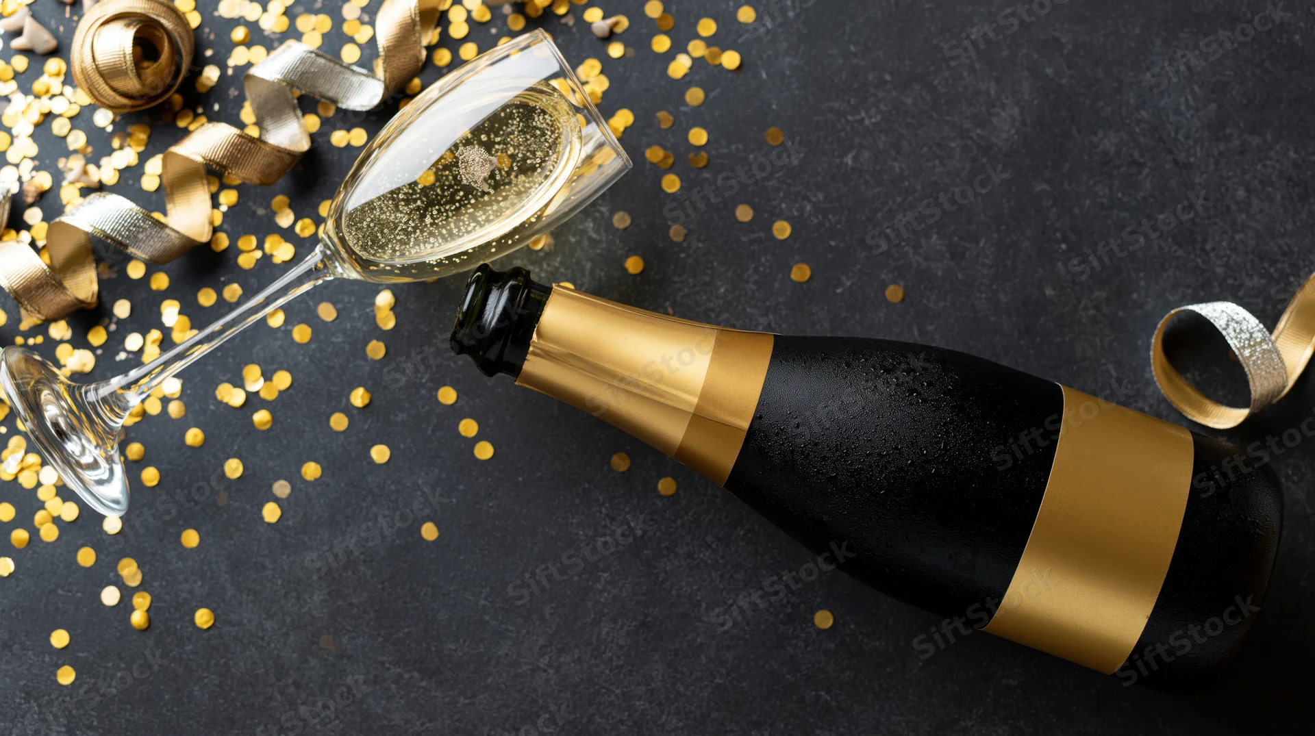 Champagne bottle lying on dark surface with half-filled glass and gold confetti and ribbon around