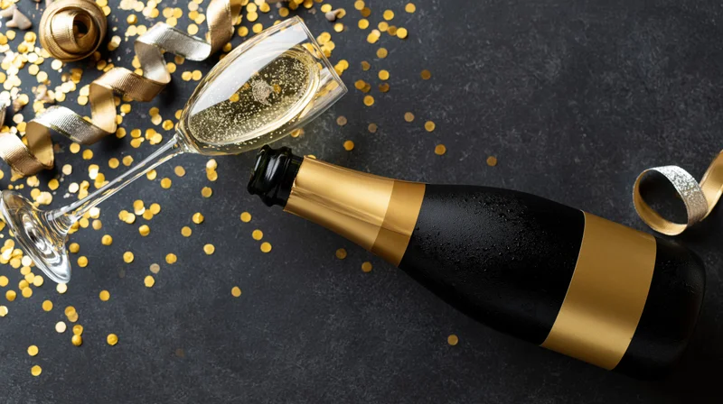 Champagne bottle lying on dark surface with half-filled glass and gold confetti and ribbon around