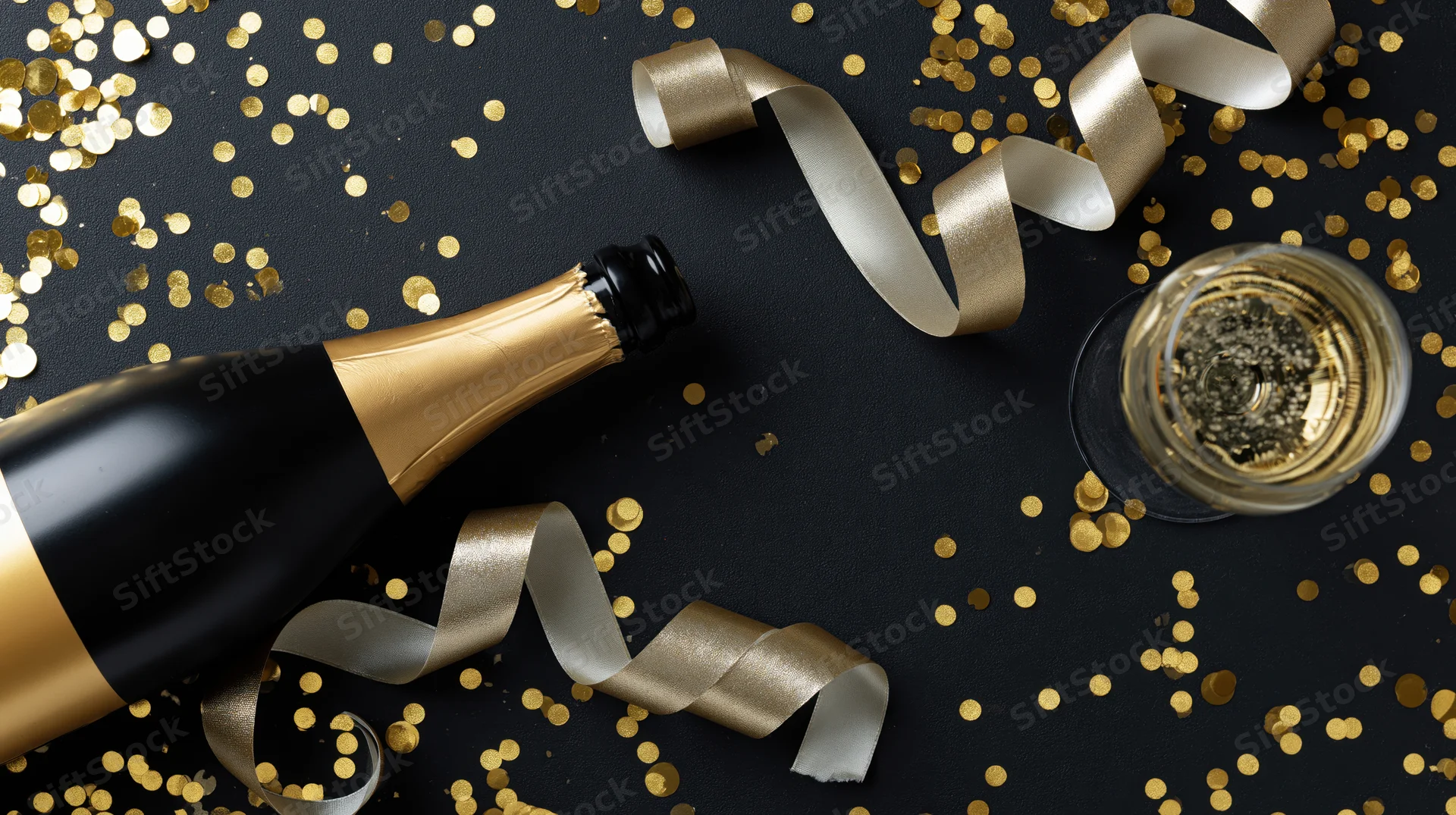 Champagne bottle and glass with gold confetti and ribbon on black surface