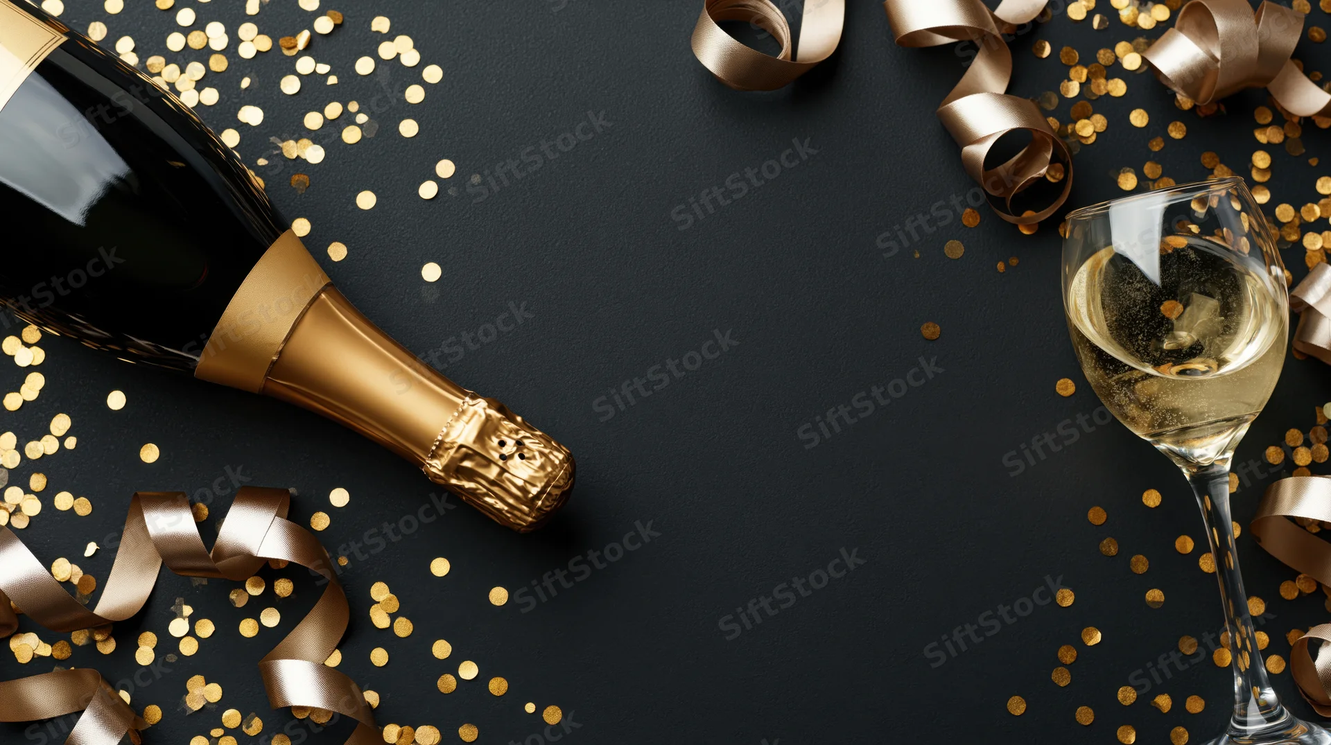 Champagne bottle and glass on black surface with golden confetti and ribbons for celebration