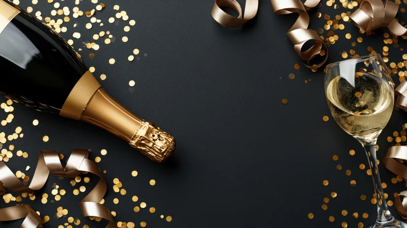 Champagne bottle and glass on black surface with golden confetti and ribbons for celebration