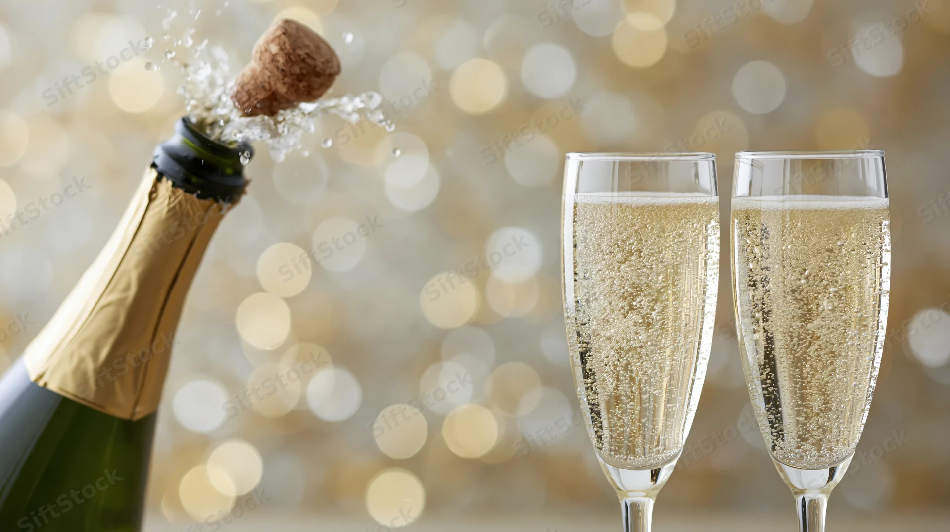 Champagne bottle popping with cork and splash beside two filled glasses against a golden bokeh background