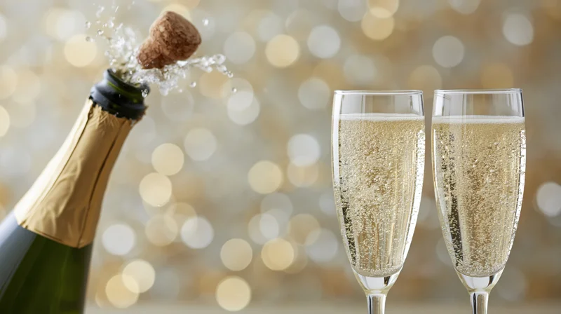 Champagne bottle popping with cork and splash beside two filled glasses against a golden bokeh background