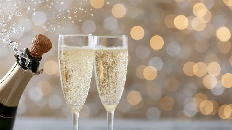 Champagne bottle popping with cork flying and liquid splashing beside two filled glasses against a golden bokeh background