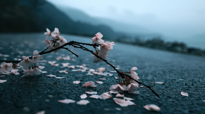 Cherry blossom branch with scattered petals resting on wet dark pavement