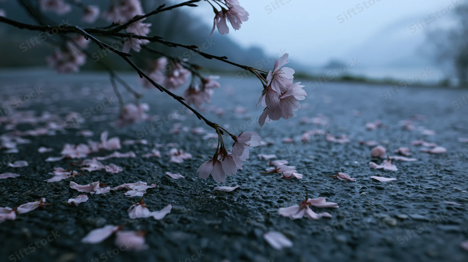 Cherry blossom branch arching low over wet dark pavement with scattered petals