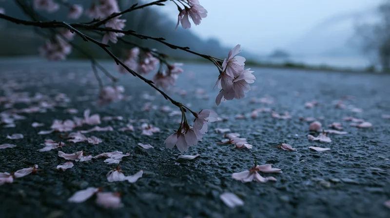 Cherry blossom branch arching low over wet dark pavement with scattered petals