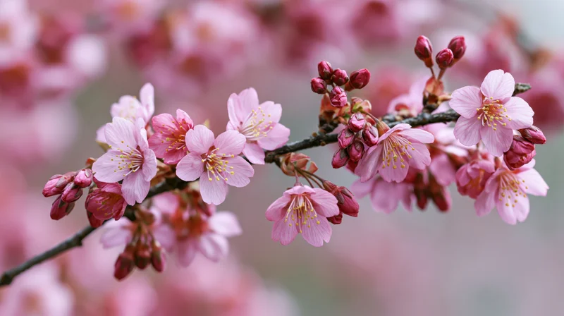 Cherry blossom branch with open pink flowers and buds in spring garden