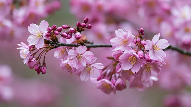 Cherry blossom branch with open pink flowers and buds in soft focus against blurred floral background