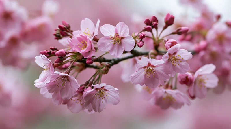 Cherry blossom branch with open pink flowers and buds in soft focus, outdoors in spring