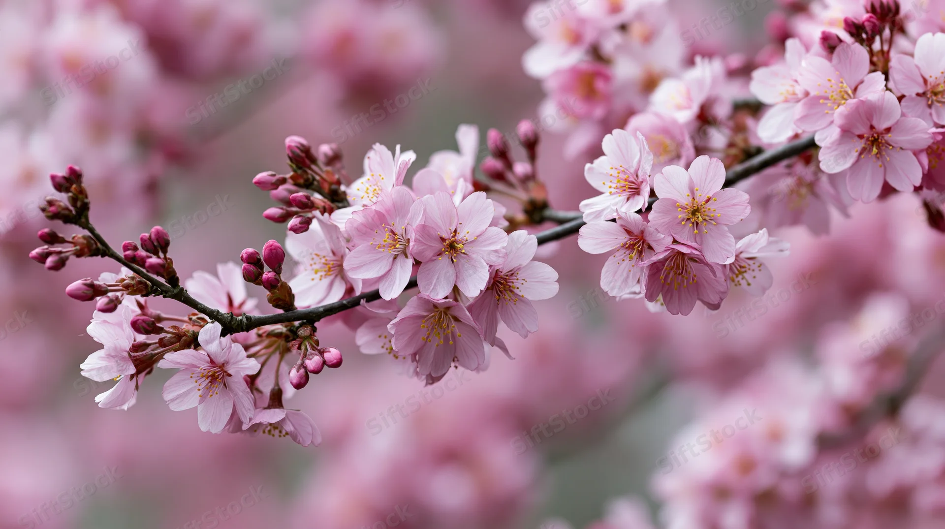 Cherry blossom branch with open pink flowers and buds in spring garden