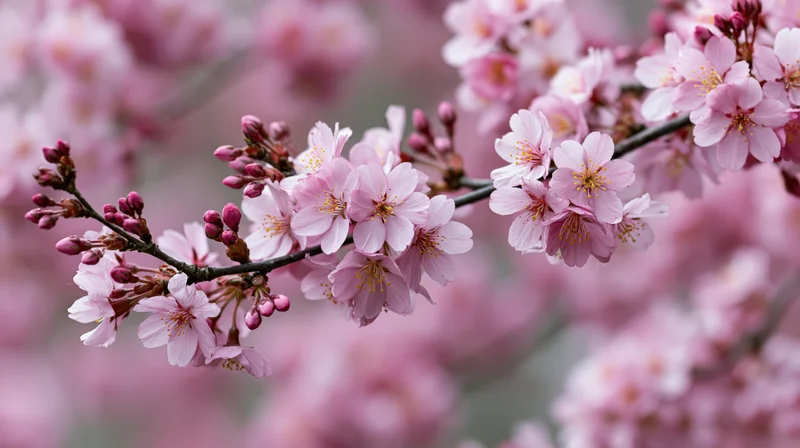 Cherry blossom branch with open pink flowers and buds in spring garden
