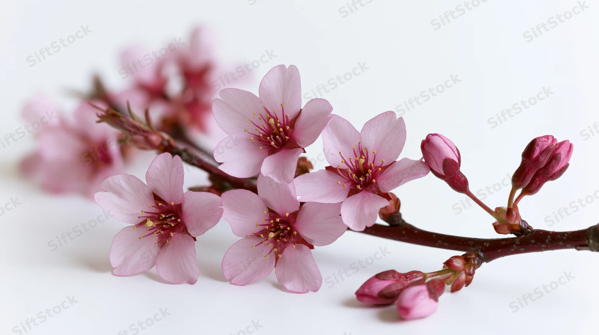 Cherry blossom branch with open pink flowers and buds on white background