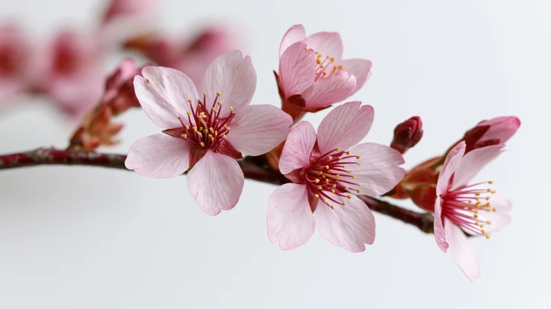 Cherry blossom branch with open pink flowers and buds on white background