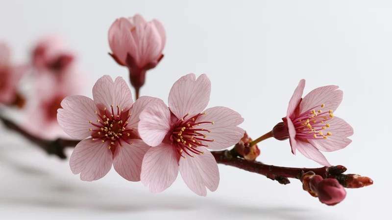 Cherry blossom branch with open pink flowers and buds on a white background