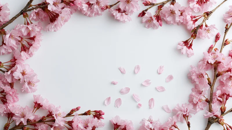 Cherry blossom branches arranged as a decorative border frame on white background with scattered petals