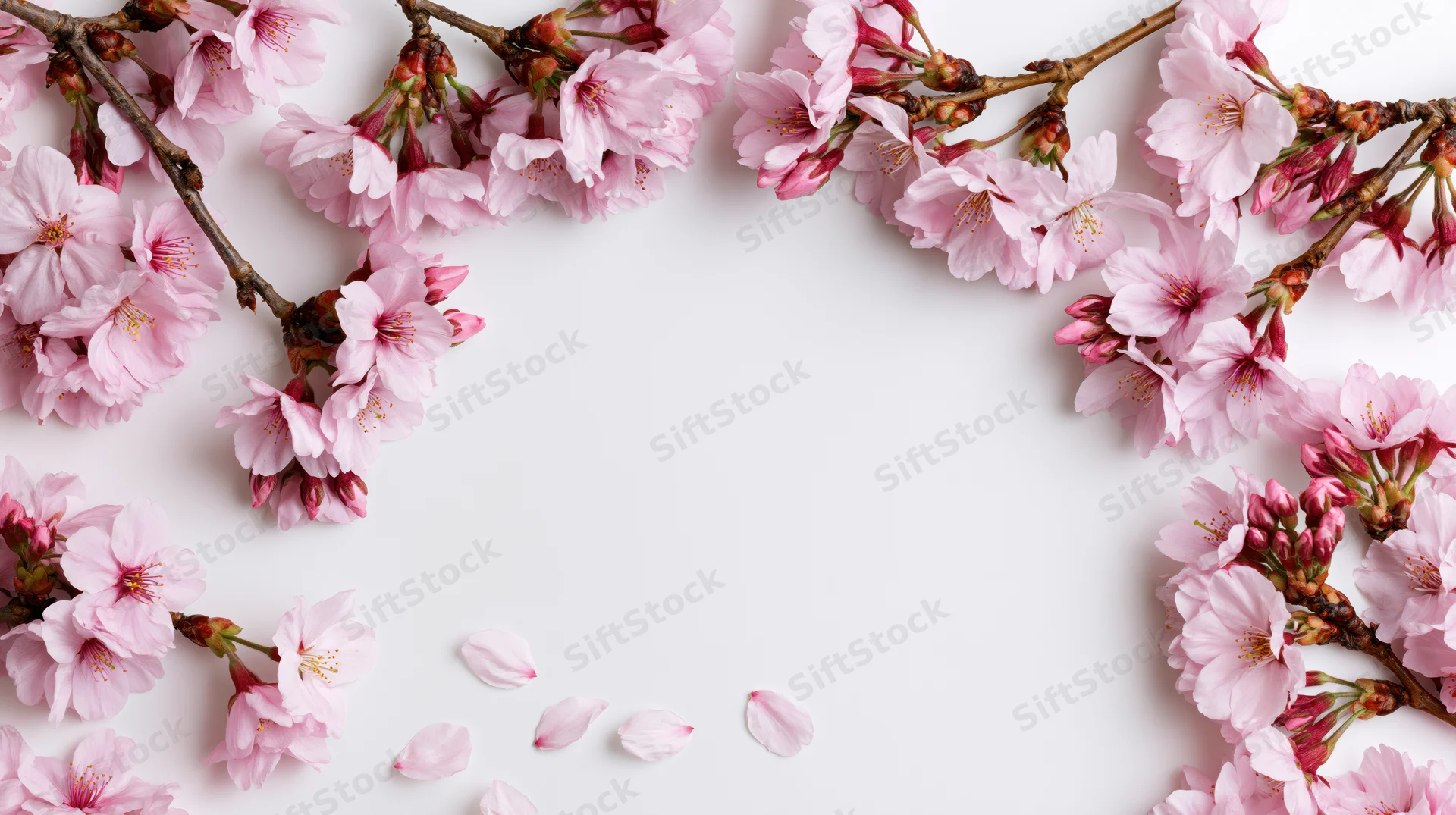 Cherry blossom branches arranged as a decorative border frame on white background with scattered petals