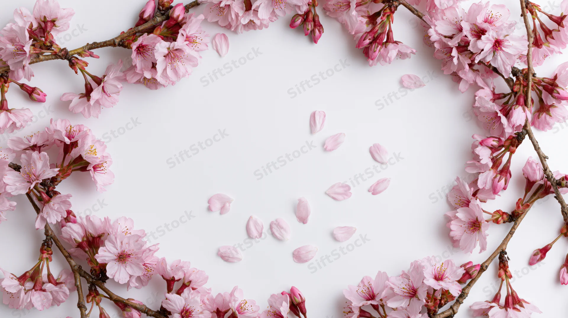 Cherry blossom branches arranged in a circular frame on white background with scattered petals