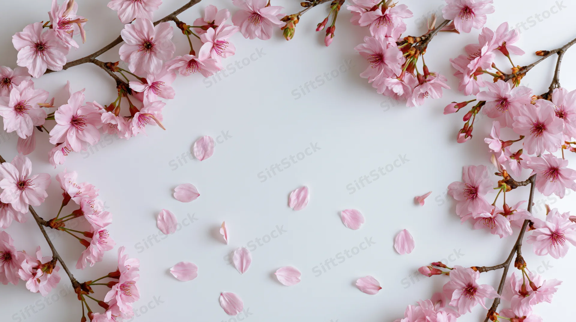 Cherry blossom branches arranged as a decorative border frame on white surface with scattered petals