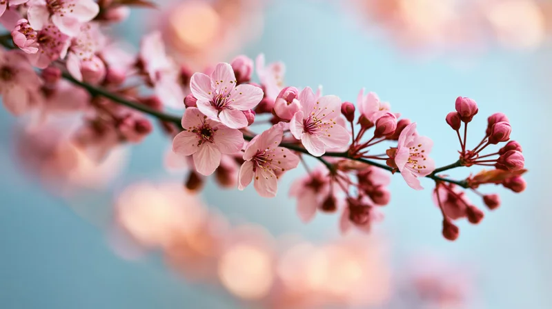 Cherry blossom branch with soft pink flowers in bloom against a blurred blue sky background