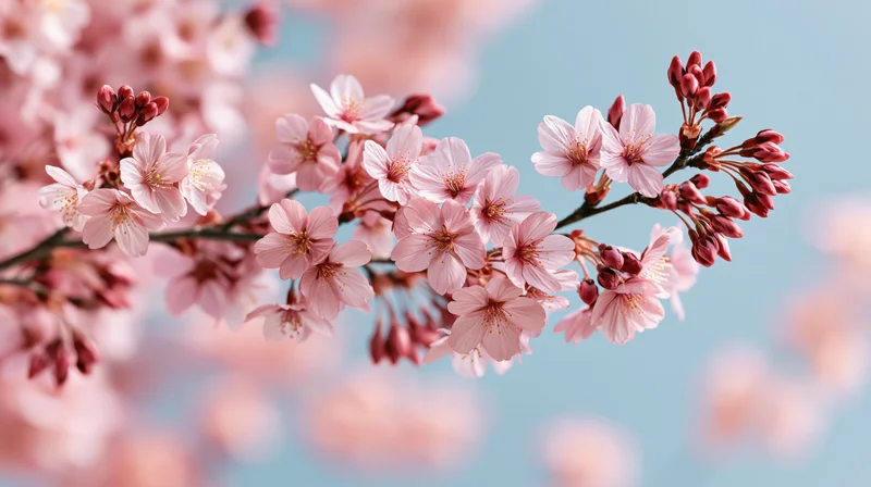 Cherry blossom branch with soft pink flowers blooming against a clear blue sky