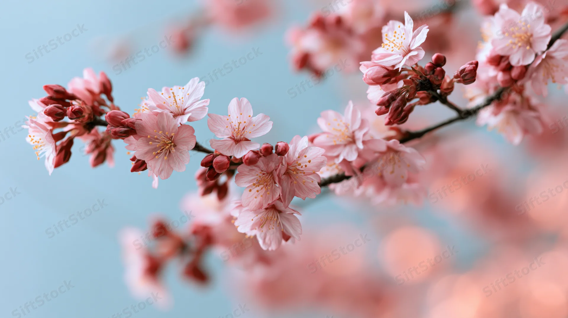 Cherry blossom branch with soft pink flowers blooming against a light blue background